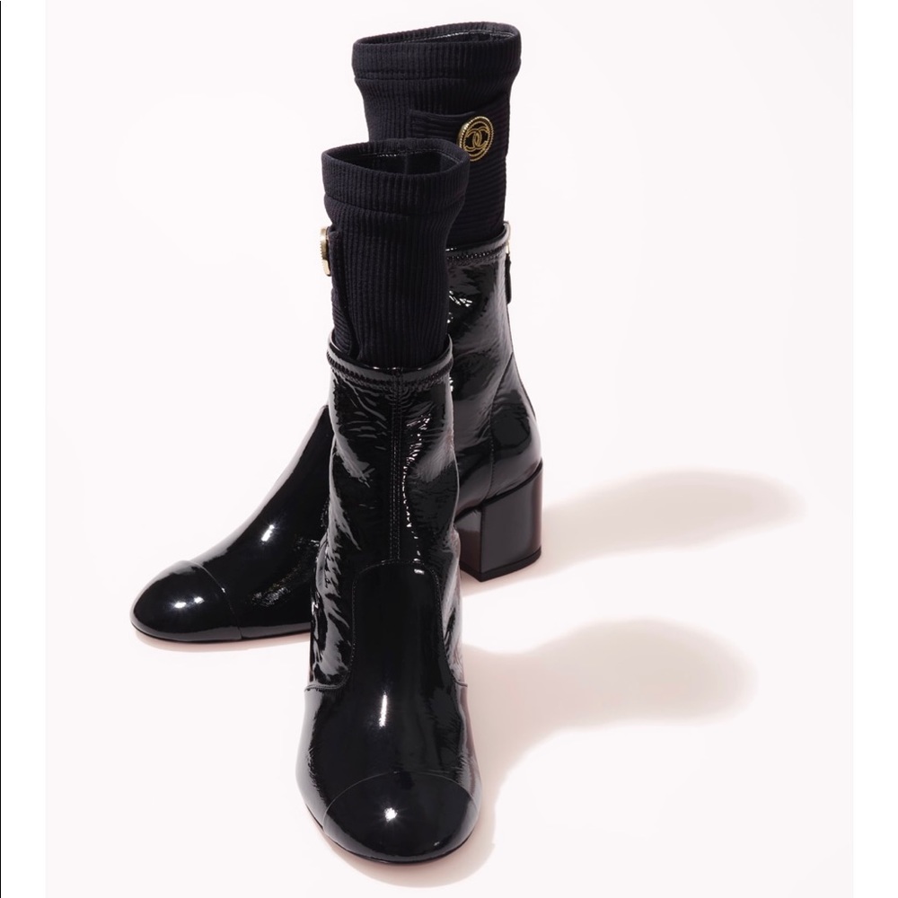 One of a kind patent lamb skin leather Chanel ankle boots with removable sock. - Picture 4 of 5